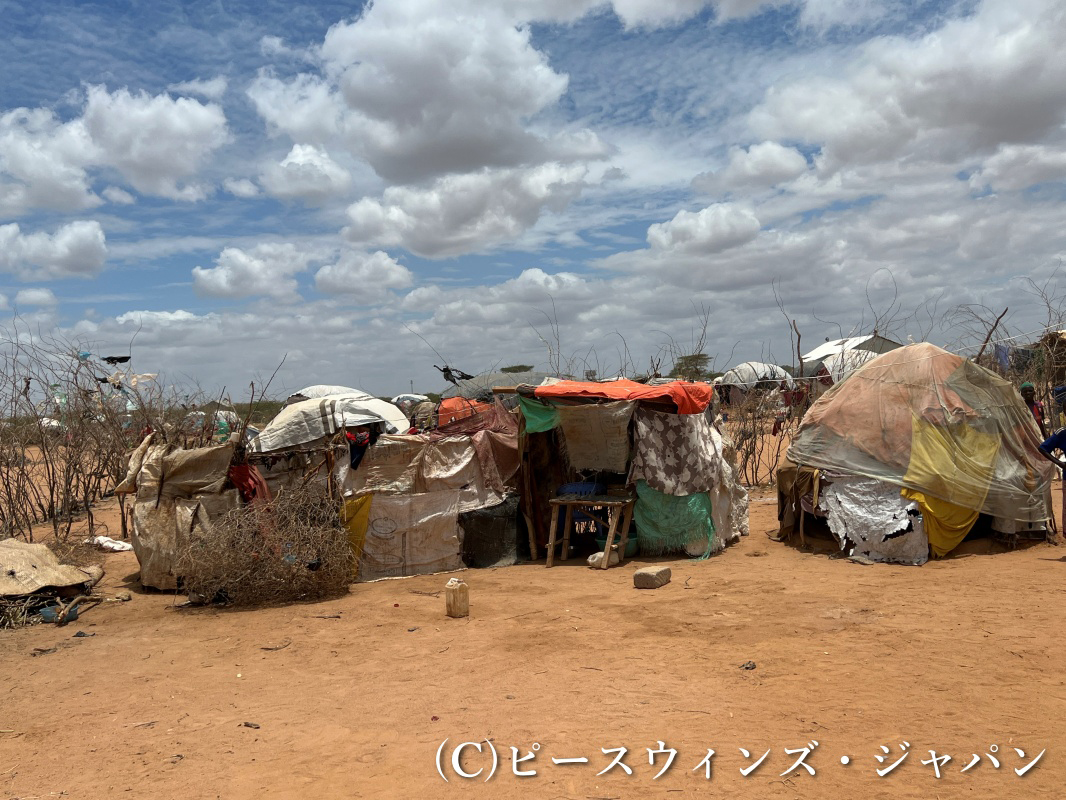 ダダーブ難民キャンプ周辺部に新規難民によって建てられたシェルター ©ピースウィンズ・ジャパン
