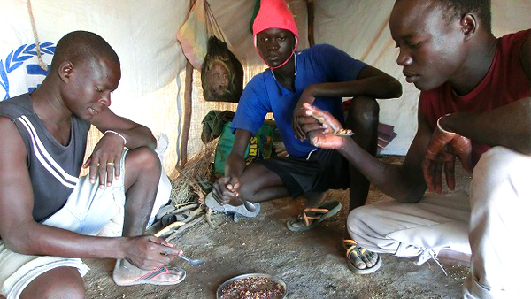 ケニアにあるカクマキャンプ。ソルガムを茹でて食べる少年たち©AAR