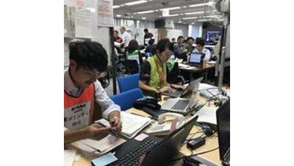 Disaster Response HQ on the fourth day since the typhoon. The fan is sitting on top of the desk and things are still unsettled. ©JPF