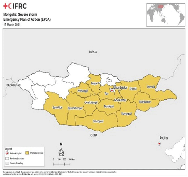 砂嵐被害をうけた主な地域（3月17日現在）©IFRC