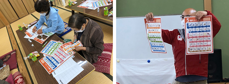 Disaster prevention event held in Kawamata Town in May 2022 (c)AAR Community members learning how to use disaster prevention tools (left) and AAR staff serving as instructors (right)